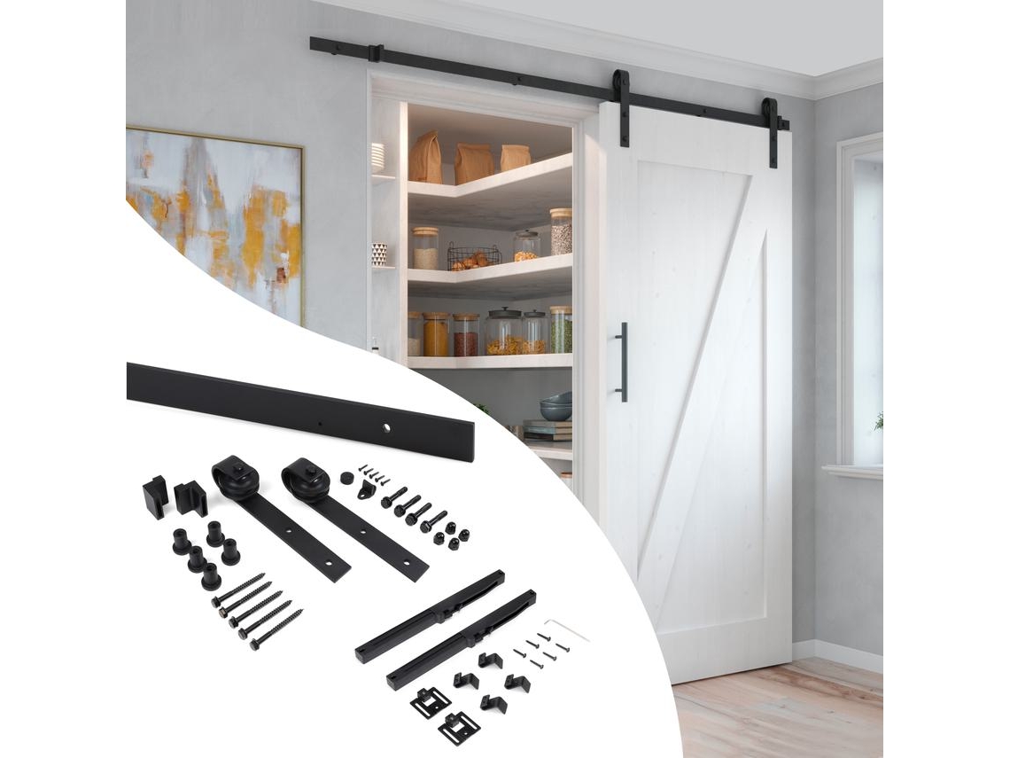 EMUCA Kit de herrajes para puerta corredera colgante de madera de granero - Con cierre suave - Paneles no incluidos - Acero y plástico - Pintado negro
