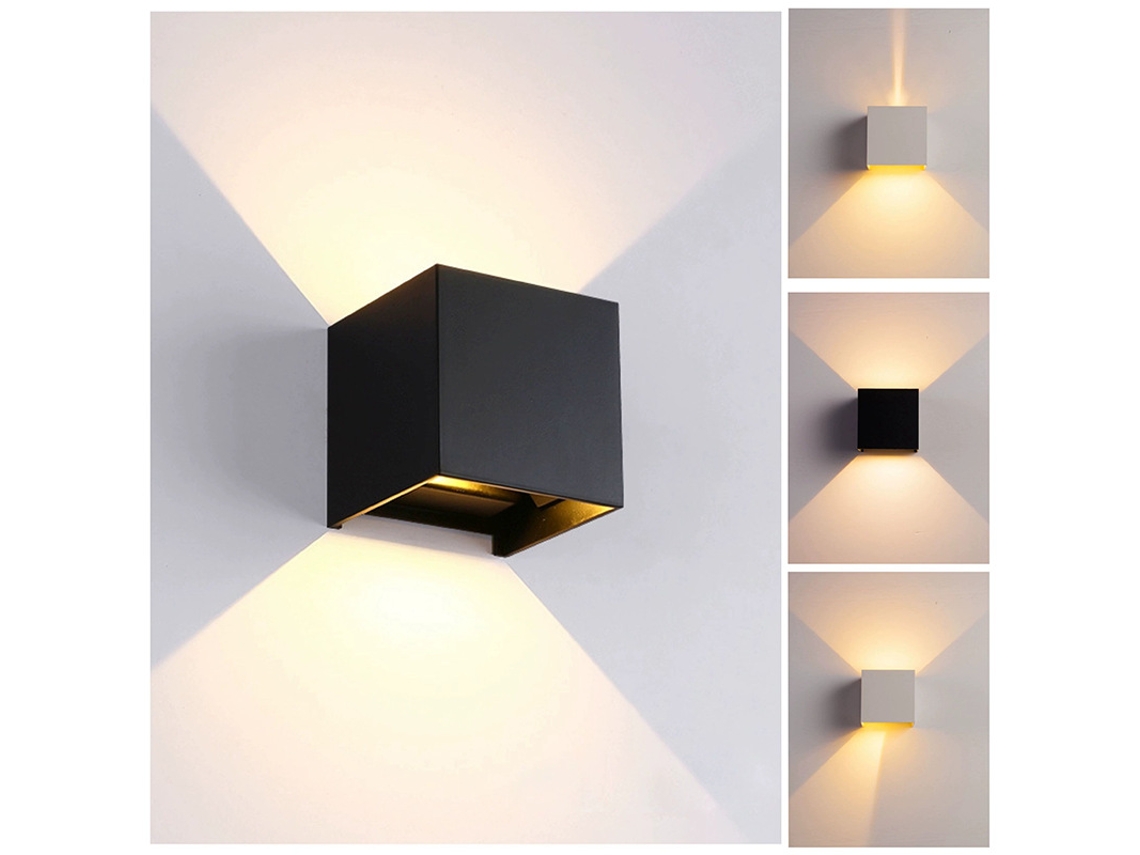 Lámpara de pared LED cuadrada negra, 12 vatios, luz blanca cálida, dimensiones 10 x 10 cm.
