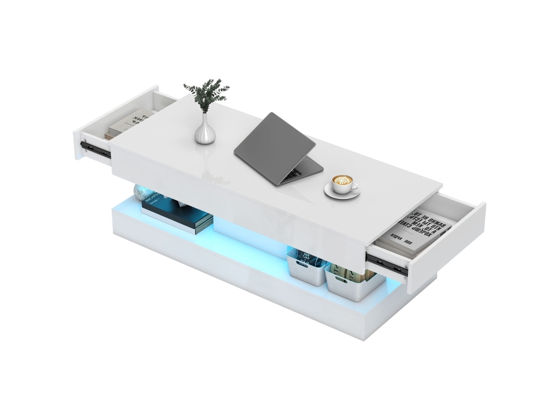 Mesa Salón Cajones Led Estante Abierto Blanco Moderno Aglomerado Mesa Centro