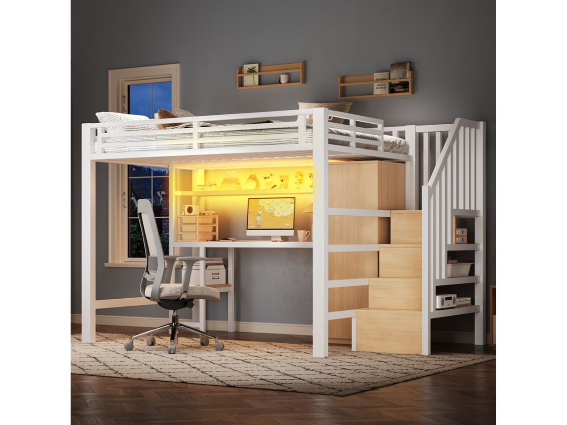 Litera Metálica 140x200 - Con Escritorio, Estantería, Armario Y Escalera Con Almacenamiento - Blanco