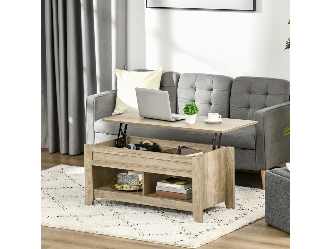 VPMKP - Homcom mesa baja con tablero elevable para salón, estantes y compartimento oculto, 105x50x49-62,5 cm, aspecto roble claro