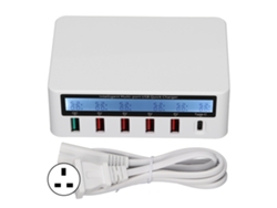 Estación De Carga Usb 40w 6 Puertos Concentrador De Carga Qc 3.0 Pantalla Lcd Plug Uk Blanco