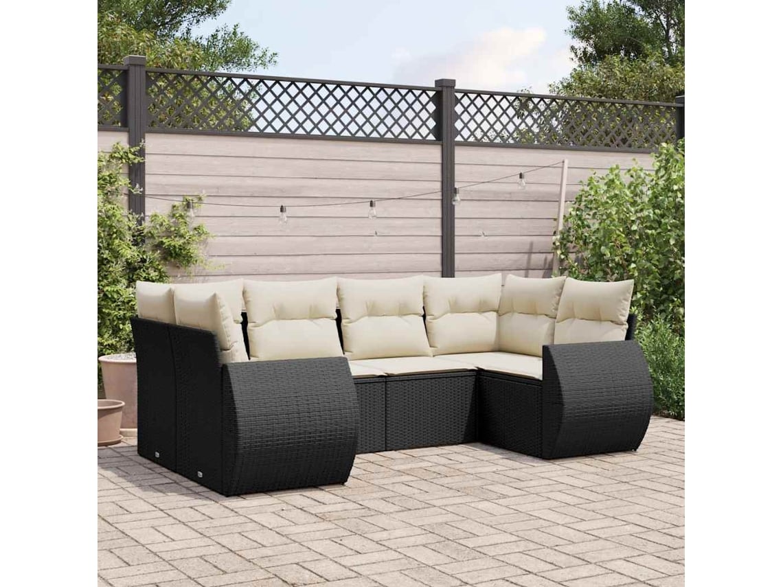 Conjunto de sofá de jardín de 6 piezas con cojines, mimbre sintético negro, DKD Home Decor