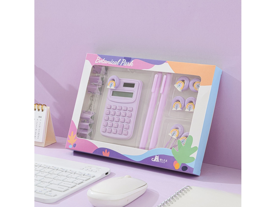 Juego de calculadora Chrui Macaron con calculadora, marcapáginas, clip para carpeta y bolígrafo (morado)