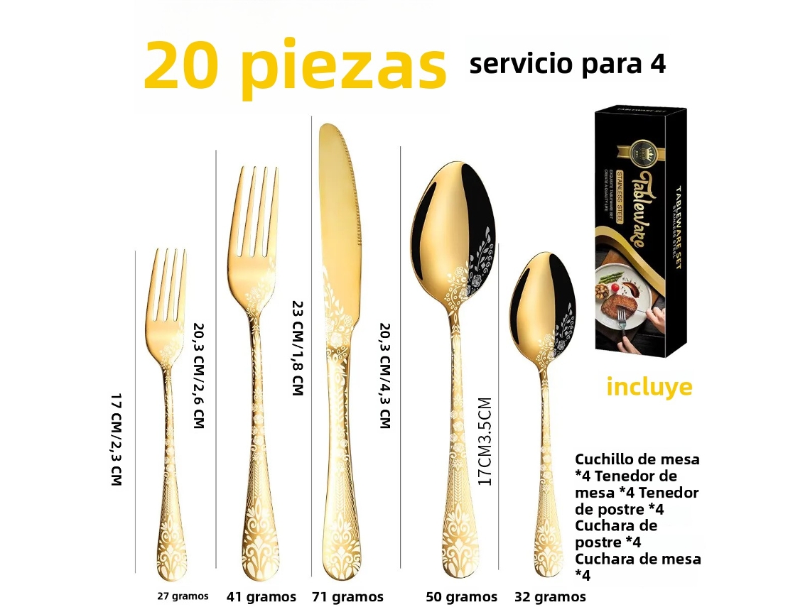 (oro) Juego De Cubiertos De Acero Inoxidable De 20 Piezas, Que Incluye Cuchillo, Tenedor Y Cuchara.