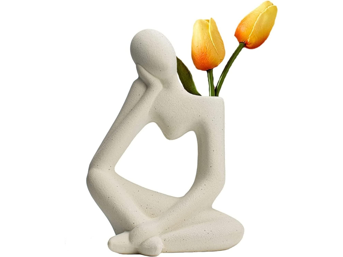 Jarrón decorativo de cerámica, jarrón de mesa, 19 cm (beige)