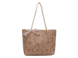 Bolso bandolera grande con asa de paja y encaje floral, color caqui.
