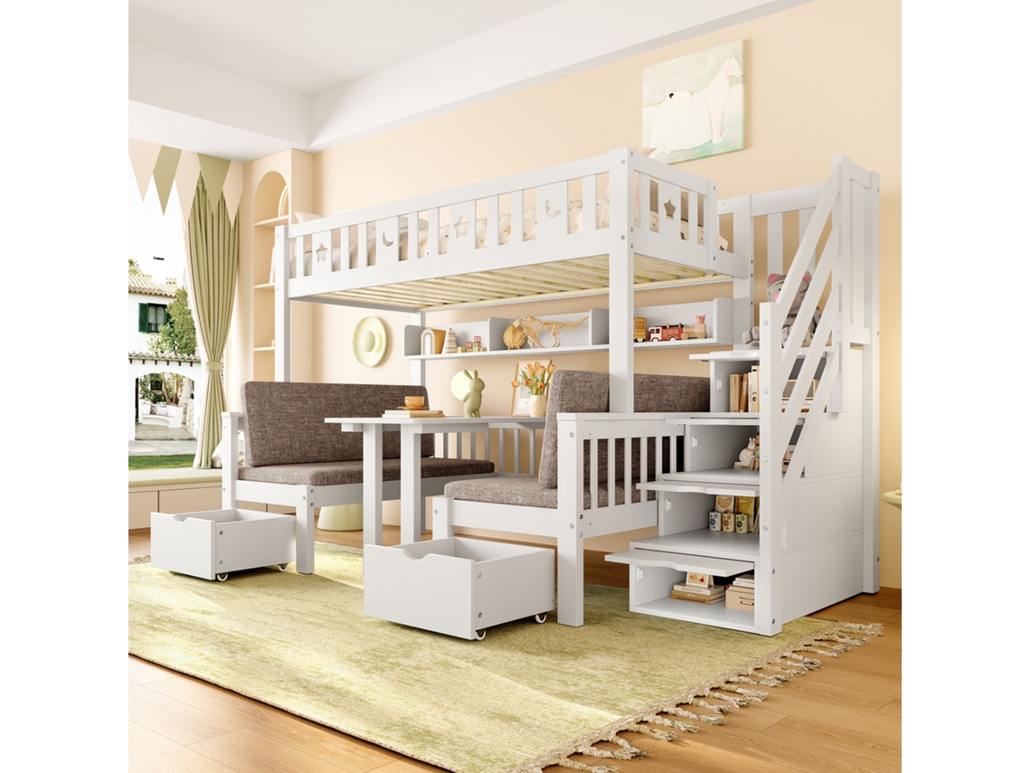 Cama Alta Multifuncional 90x200 cm, Cama y Escritorio 2 en 1, Escalera con Almacenaje, Pasamanos Decorativo con Estrellas y Luna, Mueble Blanco