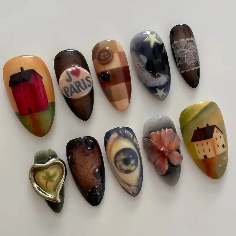 (xm561-m) Set De Manicura Manual De 10 Piezas Tipo Prensa Con Uñas Postizas.