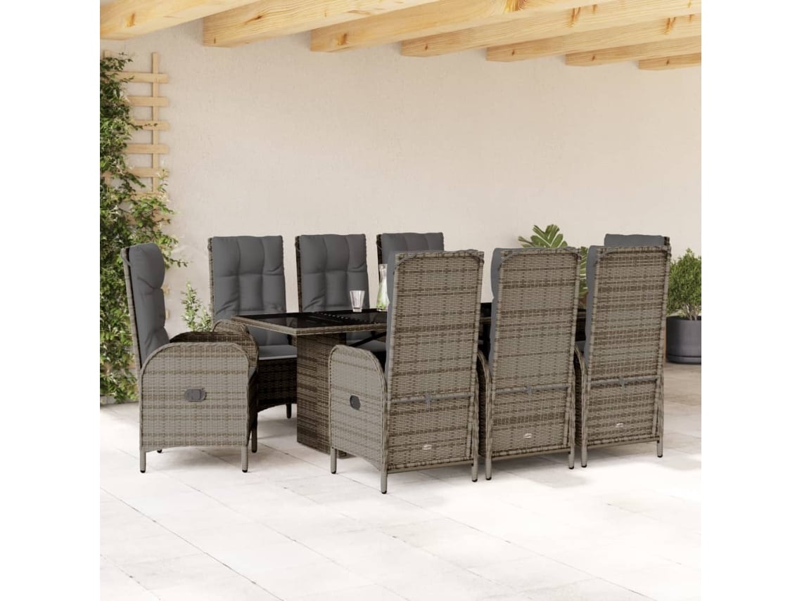 Conjunto de comedor de jardín DKD Home Decor de 9 piezas con cojines, ratán gris