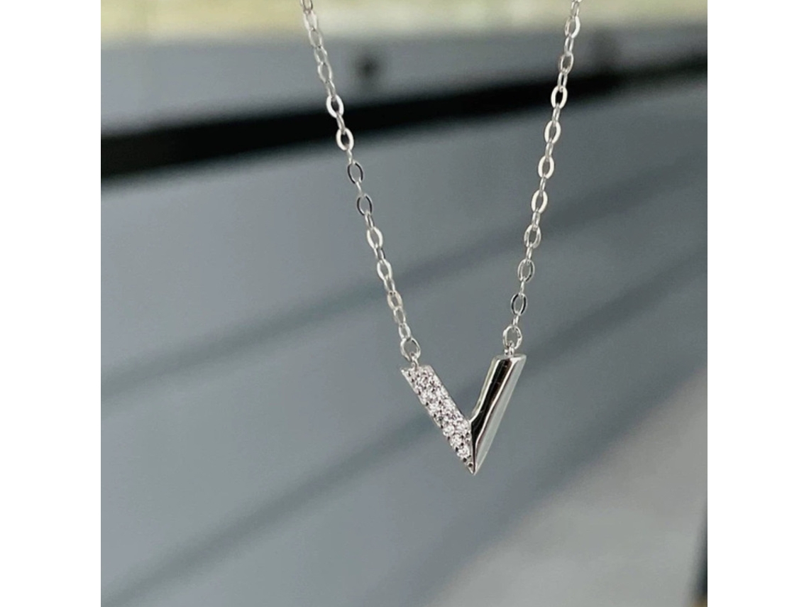 Collar Con La Letra V En Oro Blanco, Plata De Ley 925, Sencillo Y Elegante, Con Incrustaciones De Diamantes.