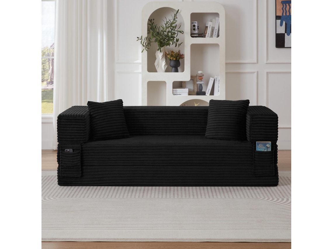 Sofá Cama Convertible En Terciopelo Acanalado, Diseño Cuadrado De Doble Capa, Para Apartamento, 200 X 76 X 60 Cm, Negro