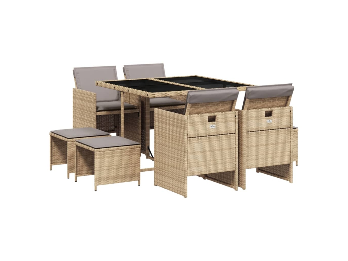 Conjunto de 9 piezas de comedor de jardín con cojines de mimbre en beige mixto - EXCLUSIVA MAISON