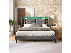 Cama Doble Tapizada 160x200cm Gris, Cabecero Con Almacenaje 6 Huecos, Cargador Usb, Led Rgb, Sin Colchón, Madera Maciza, 440 Lbs