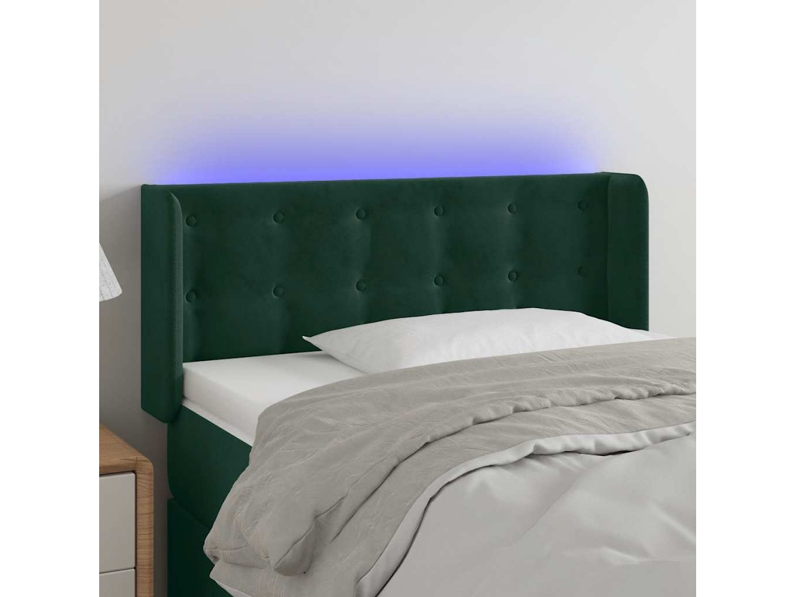 Cabecero | Panel de cama con luces LED, terciopelo, 103 x 16 x 78/88 cm, verde oscuro