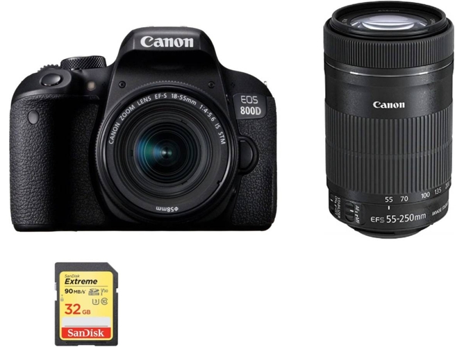 Kit Cámara Réflex CANON EOS 800D EF-S 18-55mm F4-5.6 IS STM + EF-S 55-250mm F4-5.6 IS STM + SD de 32GB