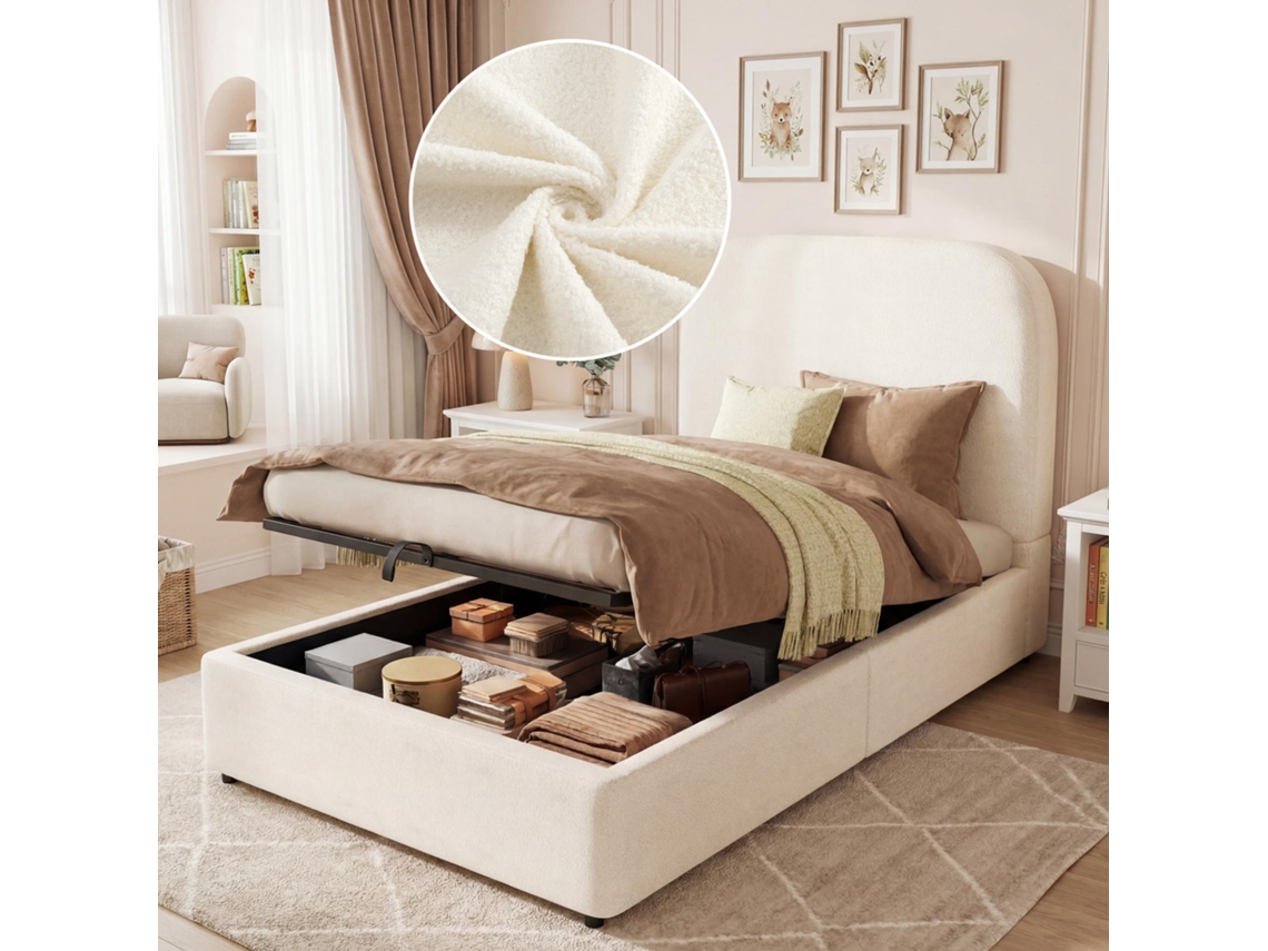 Cama Individual Tapizada Con Suspensión Hidráulica, 90x200 Cm, Somier De Láminas Bouclé Color Beige.