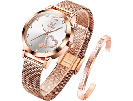 VEANXIN Reloj de Mujer Conjunto de Pulsera de Malla de Diamantes en Forma de corazón de Oro Rosa(Banda de oro rosa y esfera blanca.)