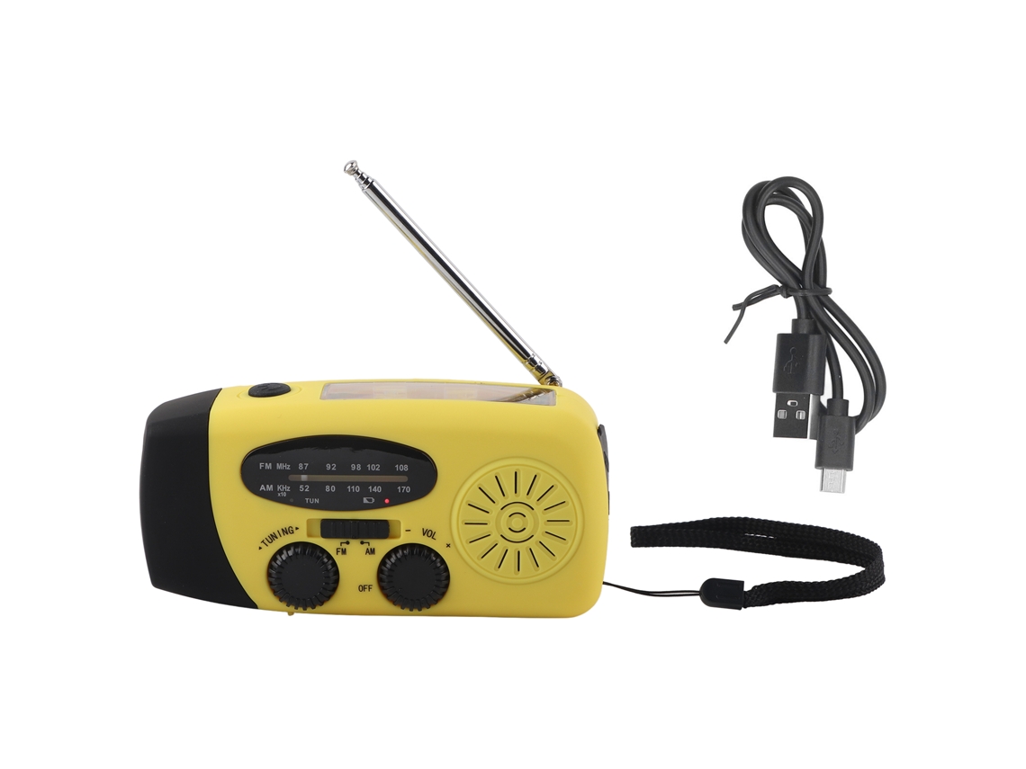 Radio de emergencia multifuncional portátil con energía solar y linterna LED para acampada al aire libre, color amarillo, fabricada en Europa (modelo 2026).