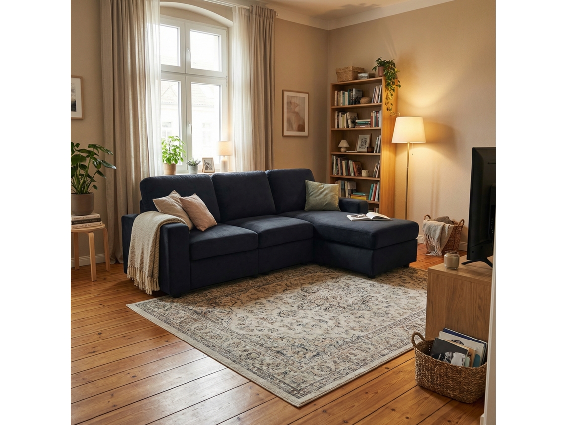 Sofá Esquinero 3 Plazas - Con Almacenamiento, Chaise Longue, Muelles Ensacados, Fundas Extraíbles, Diseño Moderno - Negro