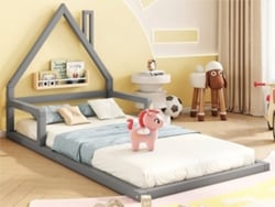Cama Infantil 90x200 Cm - Cama Baja, Forma De Casa, Madera De Pino, Estilo Sencillo - Gris