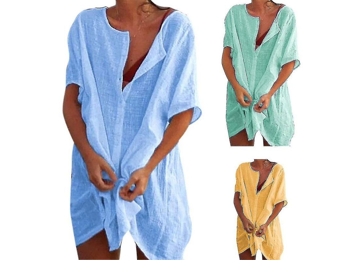 2026-vestido De Playa Para Mujer, Tapabikini Con Cuello Redondo Y Solapa De Botones Ligero