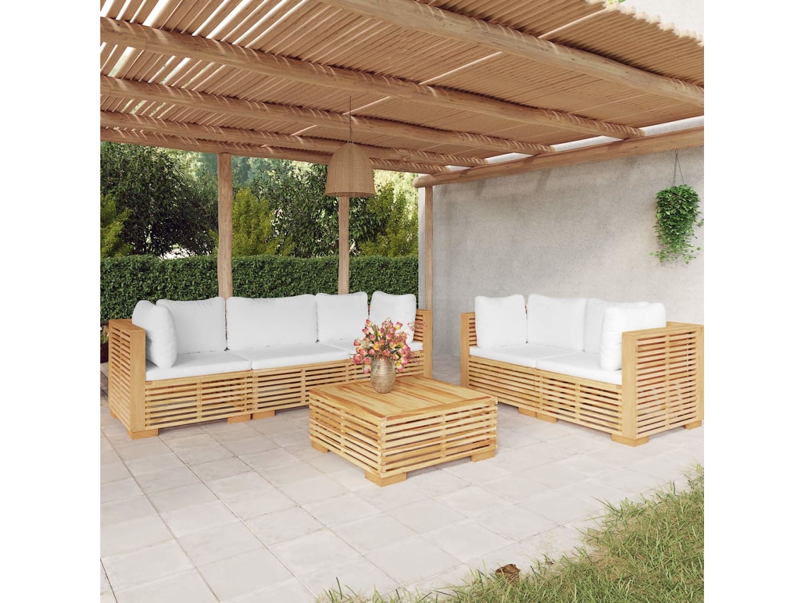Conjunto de jardín de 6 piezas con cojines, madera maciza de teca, DKD Home Decor