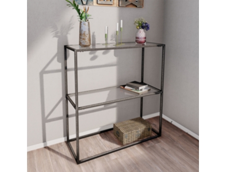 Mesa consola Konnevesi con estante metaly y cristal templado 85 x 80 x 30 cm Negro mate y Transparente [EN.CASA]