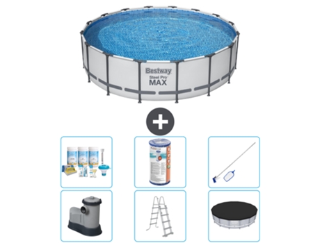Piscina BESTWAY Round Steel Pro MAX - 488 x 122 cm - Gris - Bomba incluida - Escalera - Cobertor Paquete de mantenimiento - Filtrar - kit de limpieza