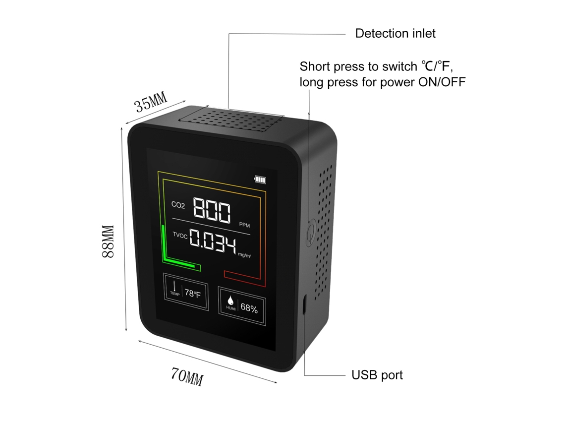 Detector digital de CO2 con monitor de temperatura, humedad y COVT
