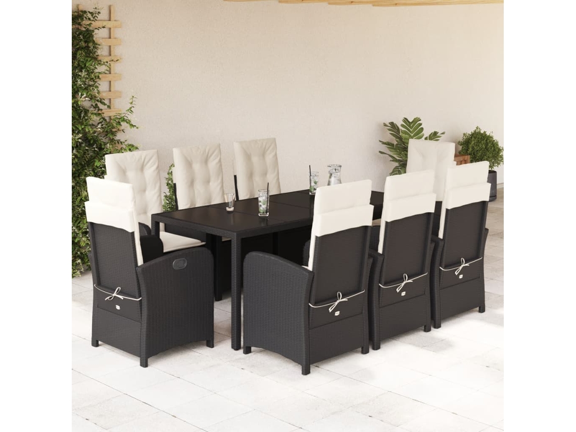 Juego de comedor de jardín de 9 piezas con cojines, mimbre sintético negro, DKD Home Decor