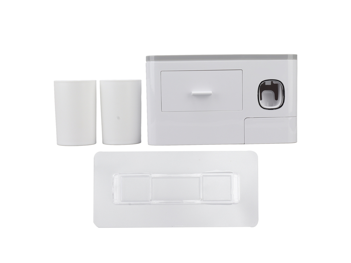 Dispensador de pasta de dientes de pared con exprimidor y dos vasos grises