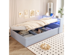 Sofá cama 90x200 cm - enchufe EU, almacenaje, LED multicolor, hidráulico, cama multifuncional, madera maciza - gris