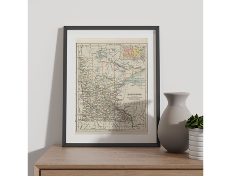 NACNIC Pósters Geográficos En Estilo Vintage. Mapa De Minnesota. Ilustraciones De Antiguos Mapamundis En Tonos Sepia. Tamaño A3, Con Marco Blanco.