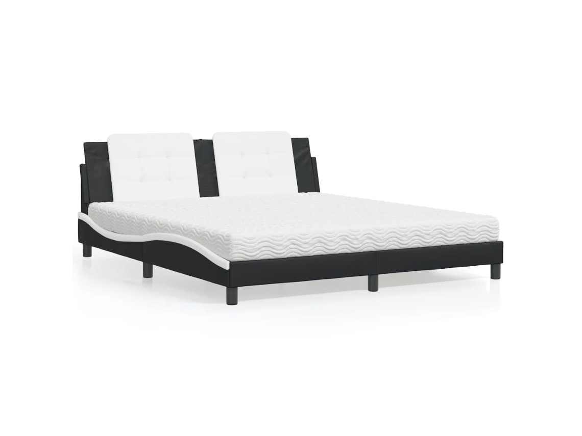 Cama Con Colchón Cuero Sintético Negro Y Blanco 180x200 Cm