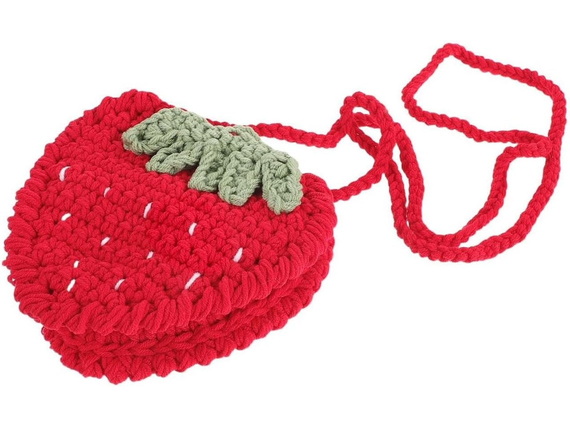 Bolso pequeño rojo de punto cruzado con fresas, hecho a mano en lana, para mujeres y niñas.