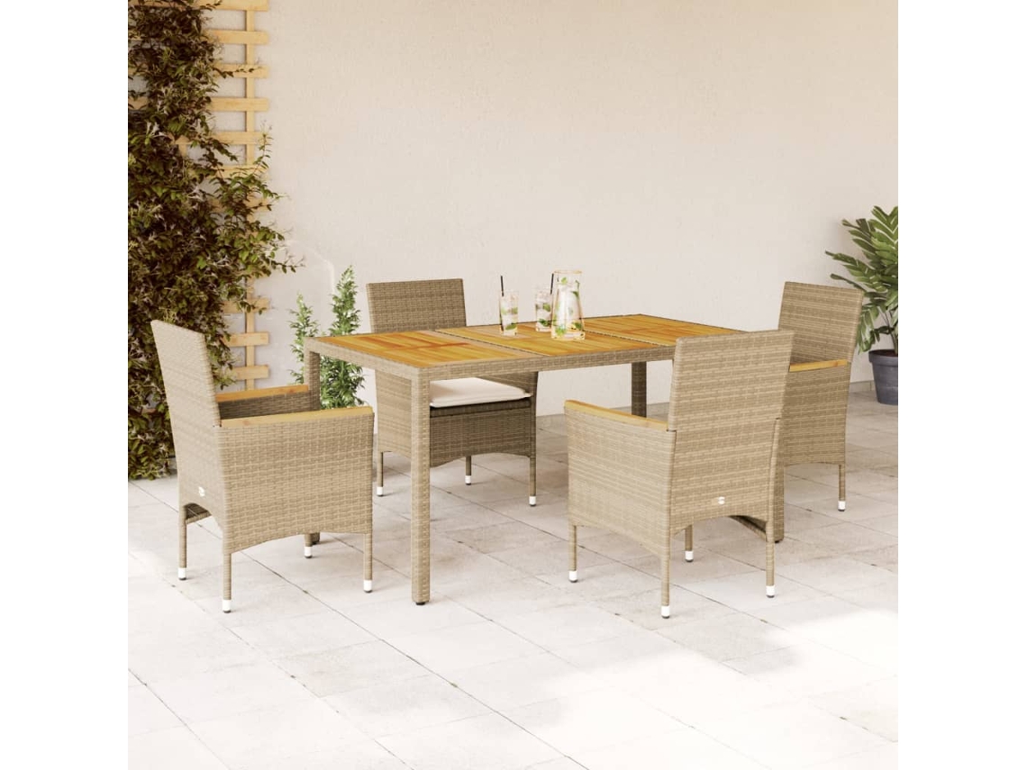 Juego de comedor de jardín de 5 piezas con cojines, mimbre beige acacia, DKD Home Decor