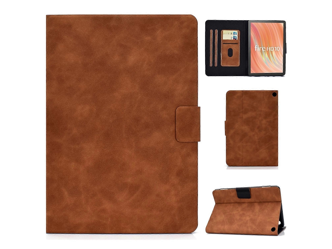 Funda para tableta A5 con ranura para tarjetas y textura de cuero sintético para Amazon Fire HD 10 (Marrón Chennnls, 2023)