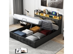 Cama De Matrimonio Tapizada, Moderna Cama Hidráulica Con Iluminación Led Y Puertos Usb, Revestida En Piel Sintética, 140 X 200 Cm, Colchón No Incluido