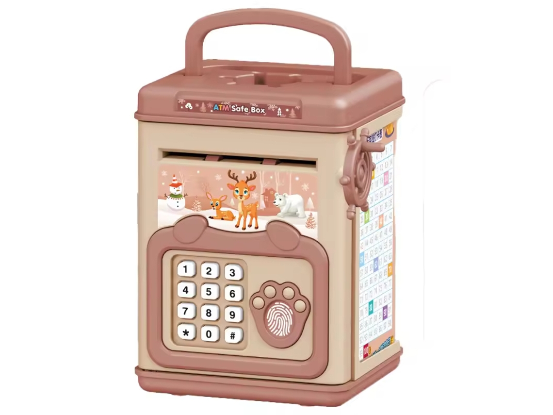 Divertida alcancía electrónica para niños con sensor de huellas dactilares y mecanismo de cuerda manual. Color: rosa.