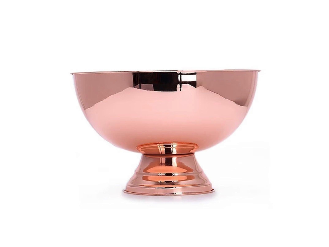 Cubitera grande de acero inoxidable con acabado espejo en oro rosa, 13,5 litros. Mantiene el hielo frío para fiestas y eventos.