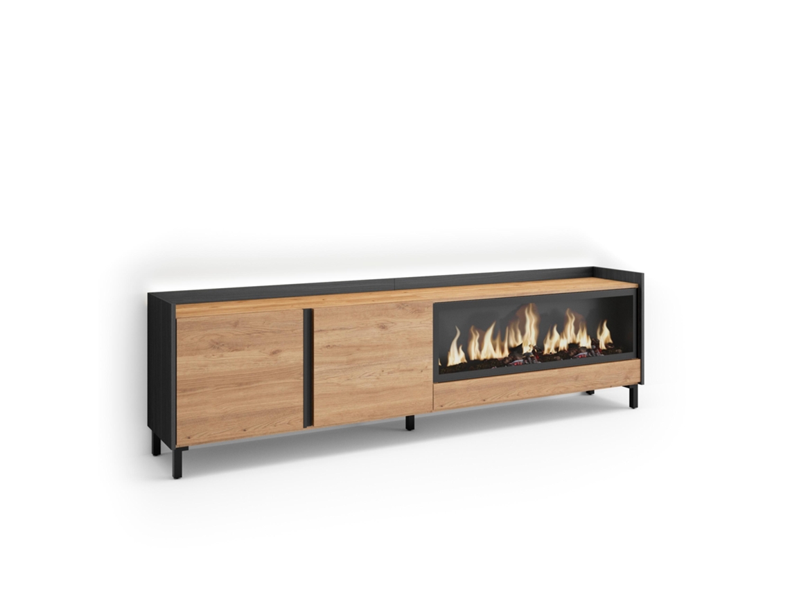 Mueble Tv, Televisión, 212x35x61cm, Para Tv Hasta 80", Chimenea Eléctrica Xxl, Diseño Industrial, Led, Roble Y Negro