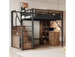 Cama Alta De Metal Negro De 140x200 Cm, Con Sistema De Seguridad, Ventana, Escalera Y Espacio De Almacenamiento.