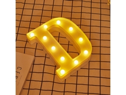 Letra LED D Iluminada con Luz Blanca Cálida, Altura 22cm, Funcionamiento a Pilas 2*AA