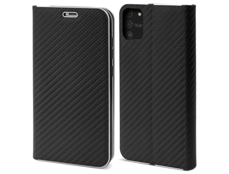 Funda Tipo Cartera MOOZY para Samsung S10 Lite en Carbono Negro - Protección de Borde Metálico con Cierre Magnético y Soporte para Tarjeta.