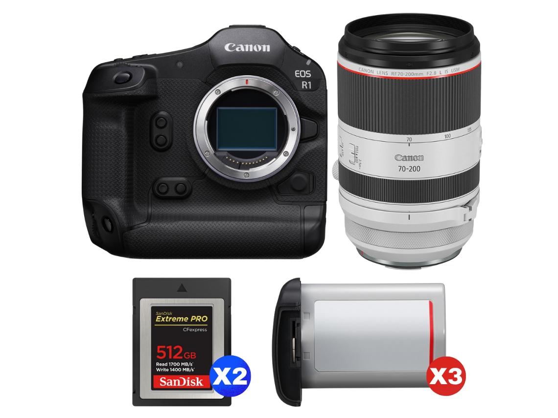 Canon Eos R1 + Rf 70-200mm F/2.8 L Is Usm + 2 Sandisk 512gb Extreme Pro Cfexpress Type B + 3 Canon Lp-e19 + Ebook Pricedirect