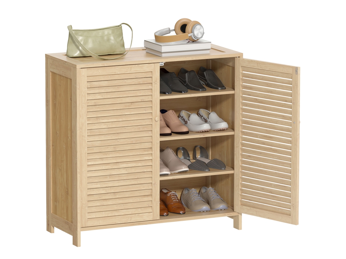 Zapatero de bambú con puertas de listones, capacidad para 14 pares de zapatos, estantes ajustables, madera.