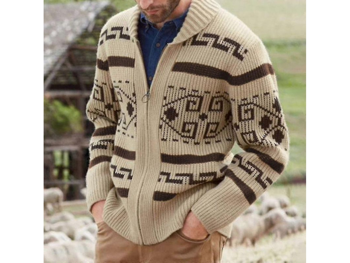 Cárdigan Color Caqui Con Cremallera, Tejido Jacquard, Para Hombre, Invierno/otoño, Acogedor.