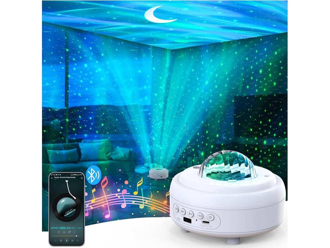 Proyector Galaxy con altavoz Bluetooth, luz nocturna y proyector de estrellas para dormitorio, 8 modos de luz (blanco)