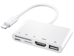 Adaptador HDMI 5 en 1 con iluminación, alimentación USB, lector de tarjetas SD/TF, cámara USB, HDMI 1080p, compatible con teléfono, teclado y televisor (blanco) Yizhood
